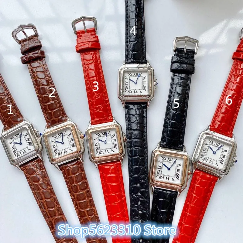 27mm Stingray Real Leather Panthere Watch CZ Quartz Wristwatch Panther Leopard Sign Logo Square Dial Lady Watch for Women