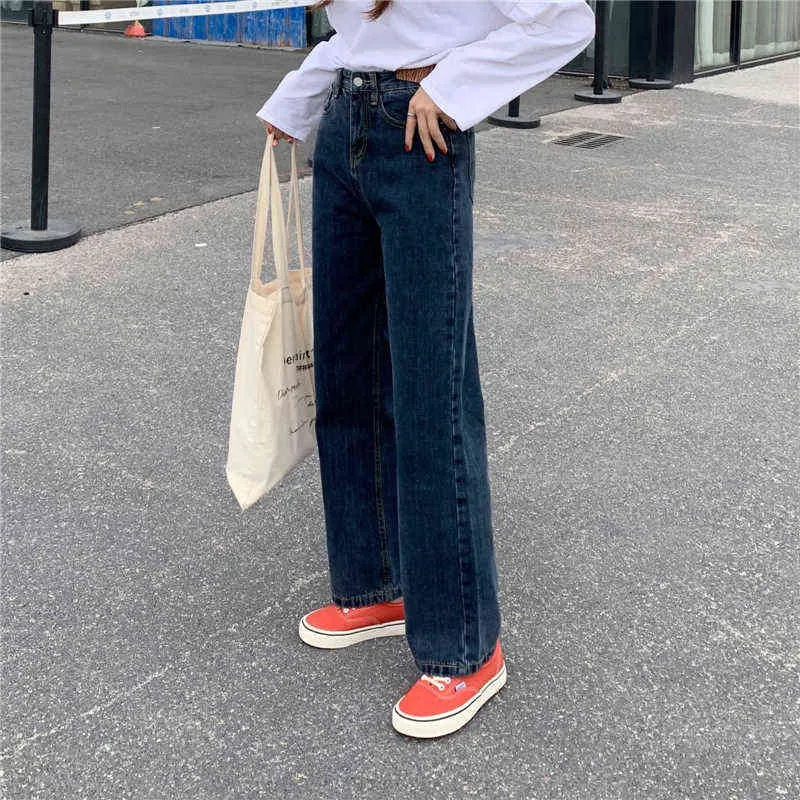 Autumn High Waist Wide Leg Jeans Women's Straight and Thin Loose Vintage Black Pants Casual Denim Long Jean Pant for Girls 211206