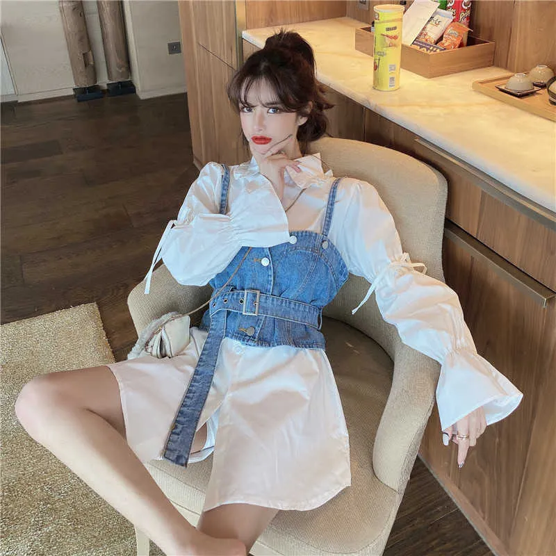 Koreanska eleganta kvinnor blus uppsättningar Bow Tie Puff Sleeve Ruffle Now-down Collar + Sashes Slim Demin Vest 210529