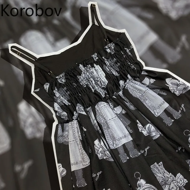 Korobov Mulheres Vestidos Verão Novo Chic Harajuku Character Print Spaghetti Strap Dress Dark Style Streetwear A-Line Vestidos 210430