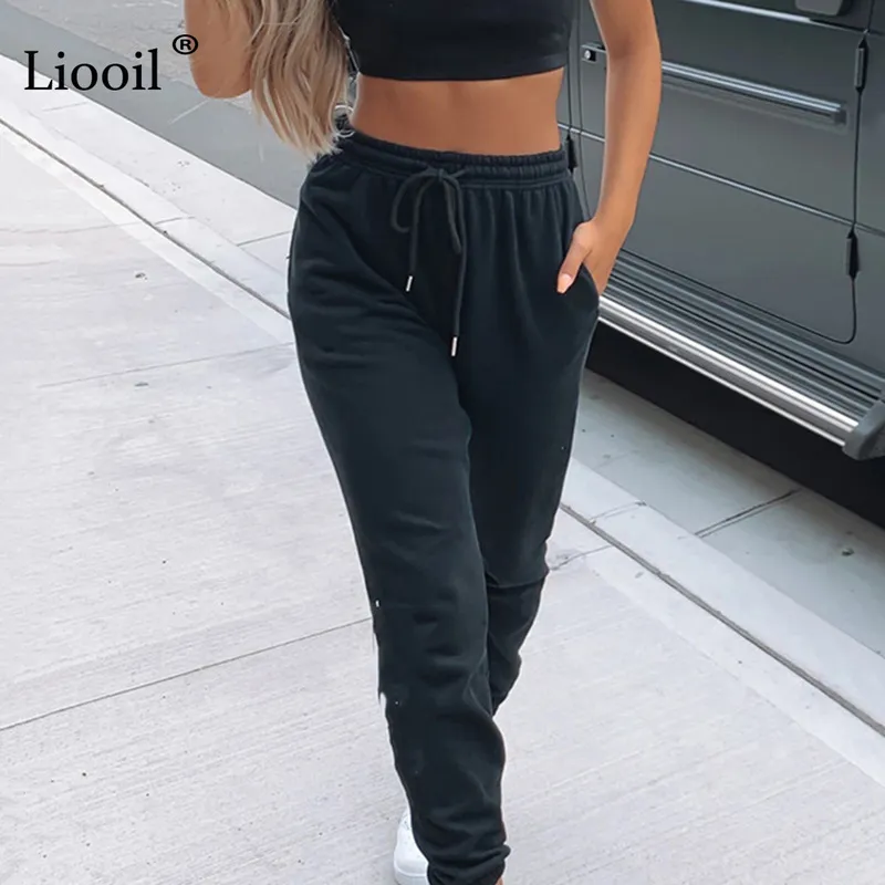 Liooil Sexy Hohe Taille Lose Fleece Jogginghose Hosen Mit Tasche Herbst Winter Schwarz Weiß Baggy Jogger Sweat Hosen 220214