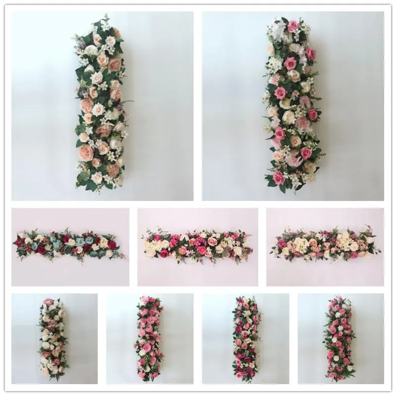 Decorative Flowers & Wreaths 100cm Wedding Arch Flower Row Table Centerpiece Artificial Silk Rose Wall With Foam Frame DIY Backdro274B