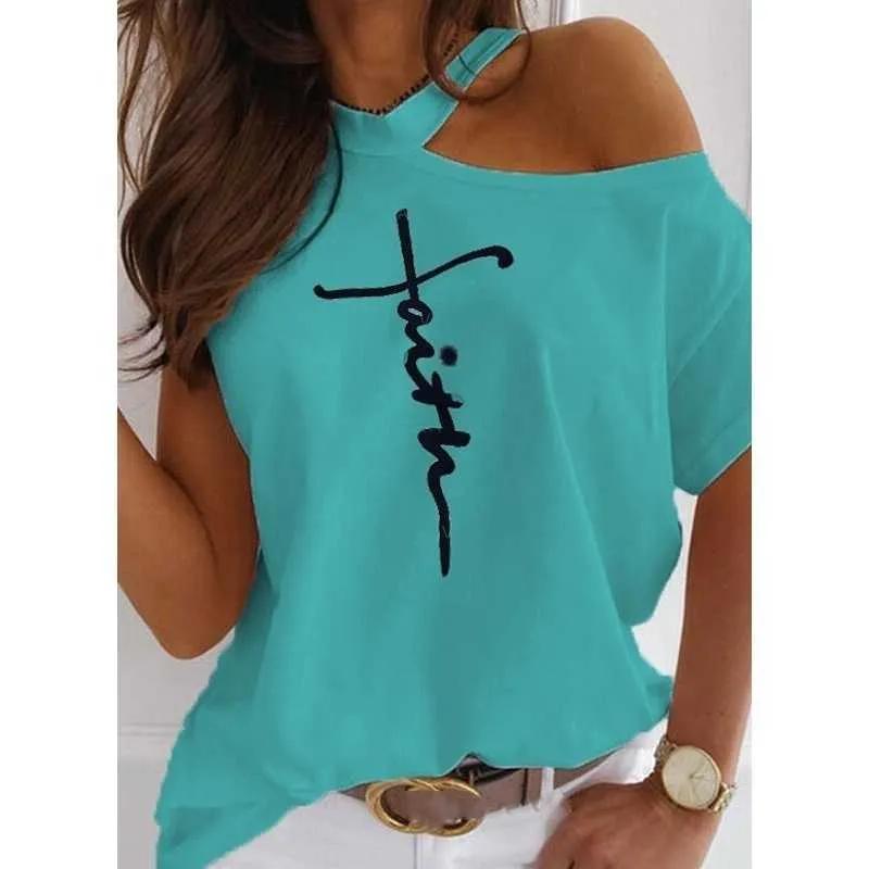 Summer Sexy Off Shoulder Women's Fashion Tops Letter Printed O Neck Short Sleeve Funny T Shirt Loose Casual Cotton Pullovers X0628
