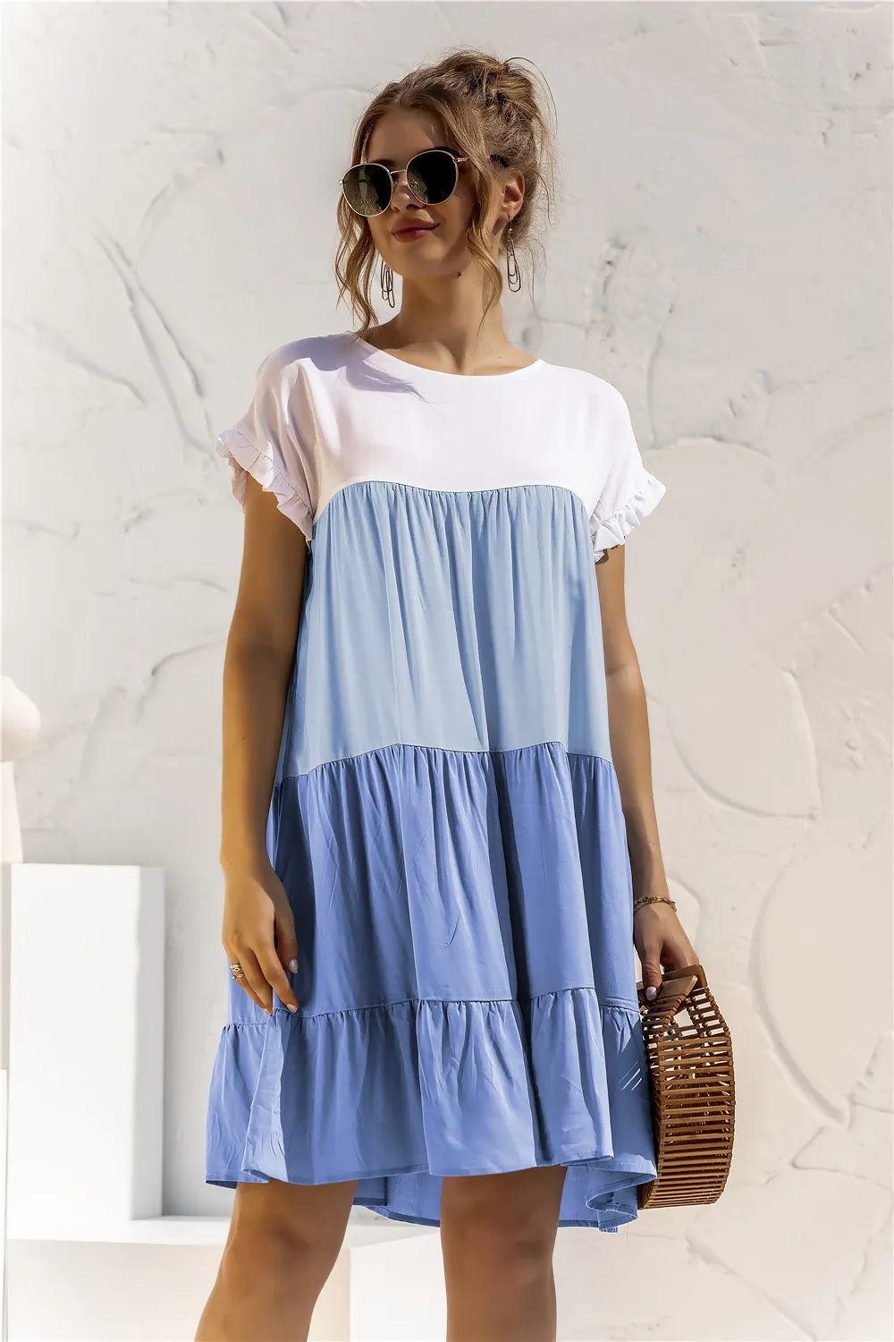 Zomer vintage mini casual jurken voor vrouwen kleur blok losse jurk dames gesneden en naaien Ruffle zoom Smock jurk vestido 210514
