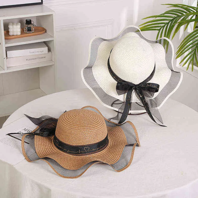 Женский 5,5-дюймовый большой лук соломенная шляпа, большой дискету, складная шляпа складной шапки, солнцезащитная шляпа, элегантная соломенная шляпа с сетчатым краям G220301