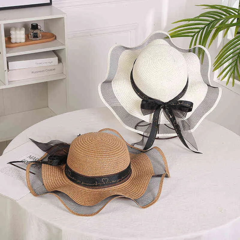 Chapeau de paille Big Bow de 5,5 pouces pour femmes, grande disquette, chapeau de plage enroulable pliable, chapeau de soleil, chapeau de paille élégant avec bords en maille G220301