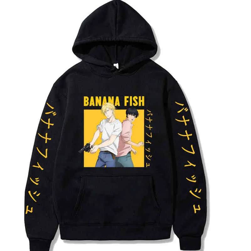 2021 Harajuku Банановая рыба Унисекс толстовки Японский аниме манга напечатаны мужские капюшоны улицы повседневные повседневные кофты H1227