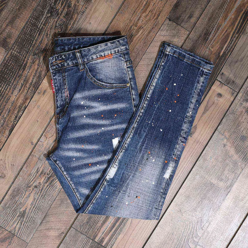 Mode Streetwear Männer Jeans Slim Fit Elastische Zerstört Zerrissene Denim Hosen Gemalt Gespleißt Designer Hip Hop Punk Biker Hosen 220115