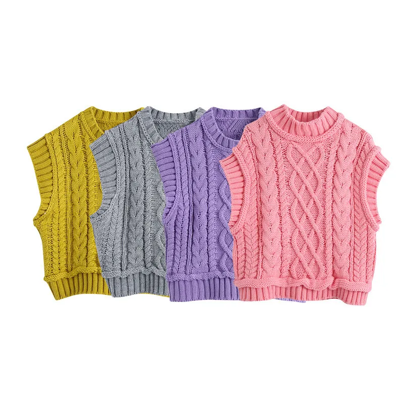 BLSQR Sweet Fashion CabLe Knitted Crop Vest Sweater Women Vintage O-Neck Sleeveless Female Waistcoat Pink Chic Tops 210430