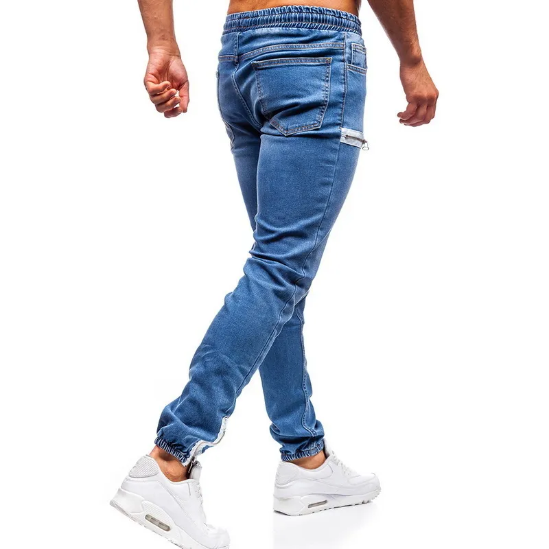 Мужские эластичные брюки с манжетами, повседневные джинсы на шнурке, тренировочные спортивные штаны для бега, модные брюки на молнии 220425280Y