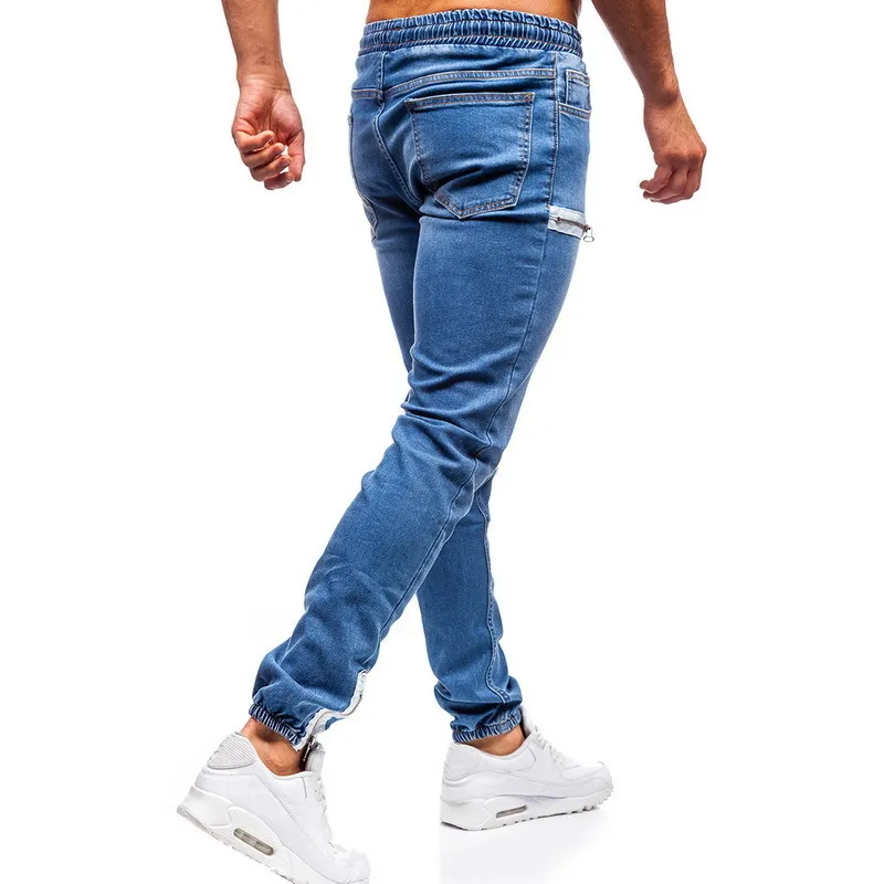 Calças elásticas masculinas com punho casual cordão jeans treinamento jogger atlético moletom moda zíper 220425240v