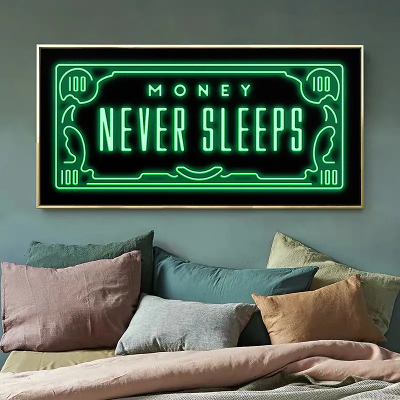 „Money Never Sleeps“ Leinwandgemälde, Kunstposter und inspirierende Phrasen, Drucke, Wandkunst, Bilder für Wohnzimmer, Heimdekoration, Cua4337961