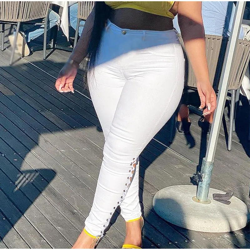 Plus Size Sexy Hollow Out White Skinny Jeans 3XL Summer Streetwear Women High Waist Ripped Lace Up Bandage Denim Pencil Pants 210322