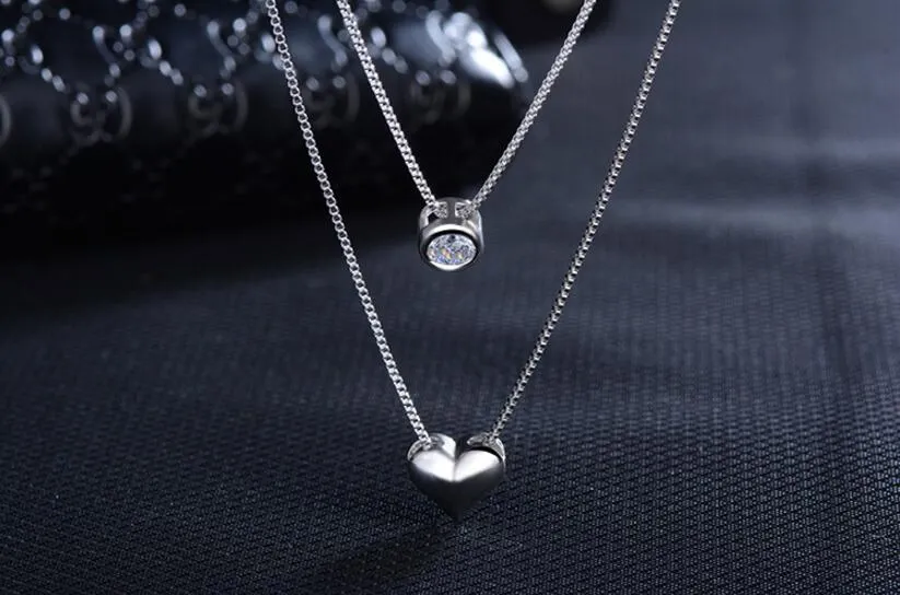 925 Sterling Silver Necklace Double Layer Chain Zircon Heart Pendants Necklaces For Women kolye Choker S-N157