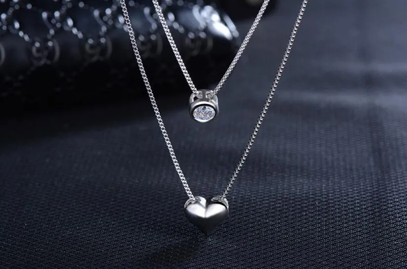 925 Sterling Silver Necklace Dubbelskiktskedja Zirkonhjärthängen Halsband för kvinnor Kolye Choker S-N157