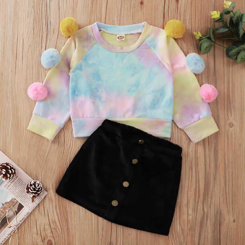 Baby Girl Clothes Set Girls tie-dye Colored ball Long Sleeve T-shirt +black skirt Outfits Kids E22179 210610