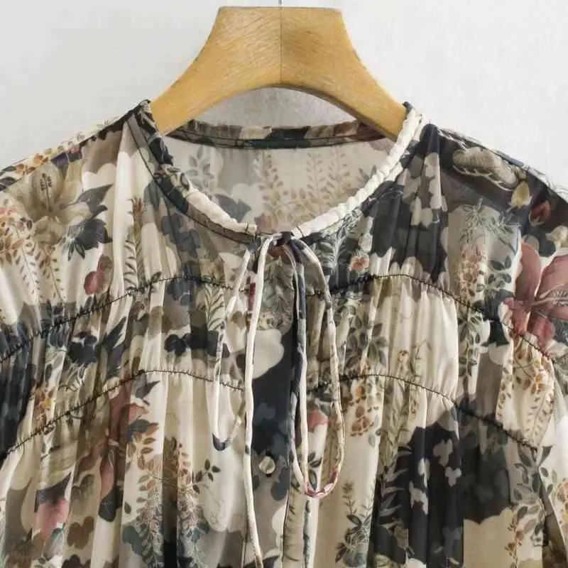 Blusa de chifón con estampado Vintage para mujer de primavera, camisa de manga larga con lazo y cuello redondo para mujer, Blusas holgadas de oficina para mujer S8511 210430