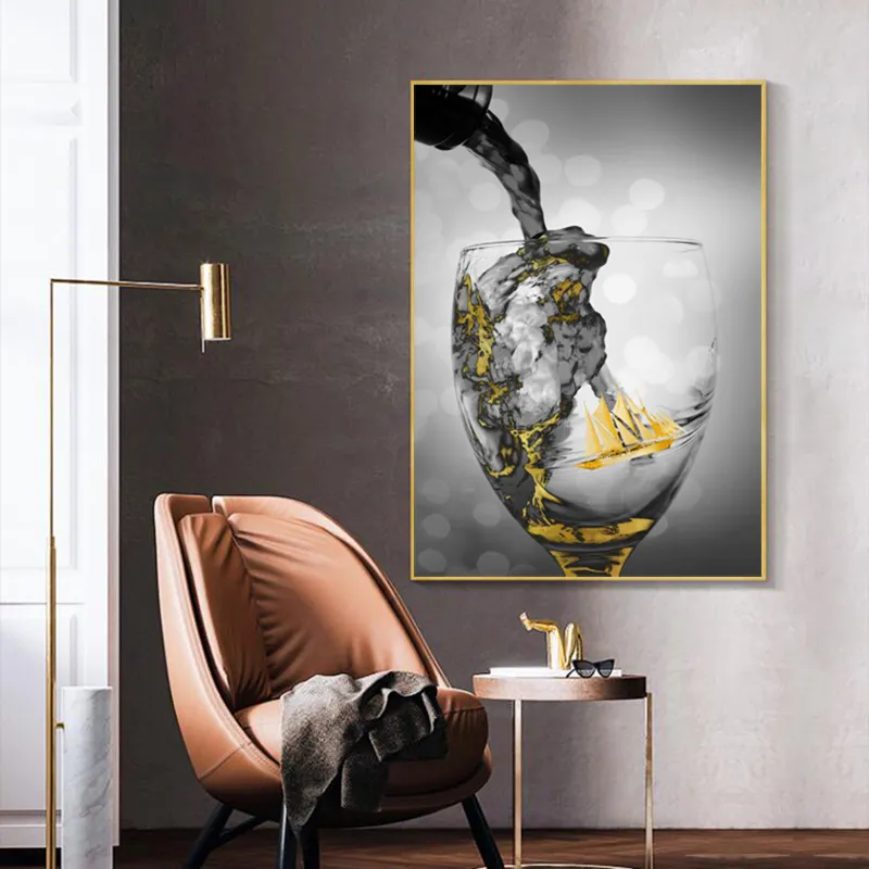 Bicchiere da vino Poster Golden Canvas Painting Abstract Boat Cuadros Wall Art Pictures For Living Room Modern Home Decor No Frame