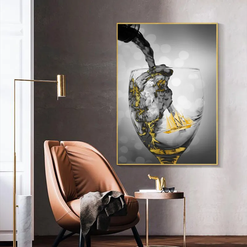 와인 유리 컵 포스터 황금 캔버스 회화 추상 보트 Cuadros 벽 예술 그림 거실 현대 홈 장식 프레임 없음