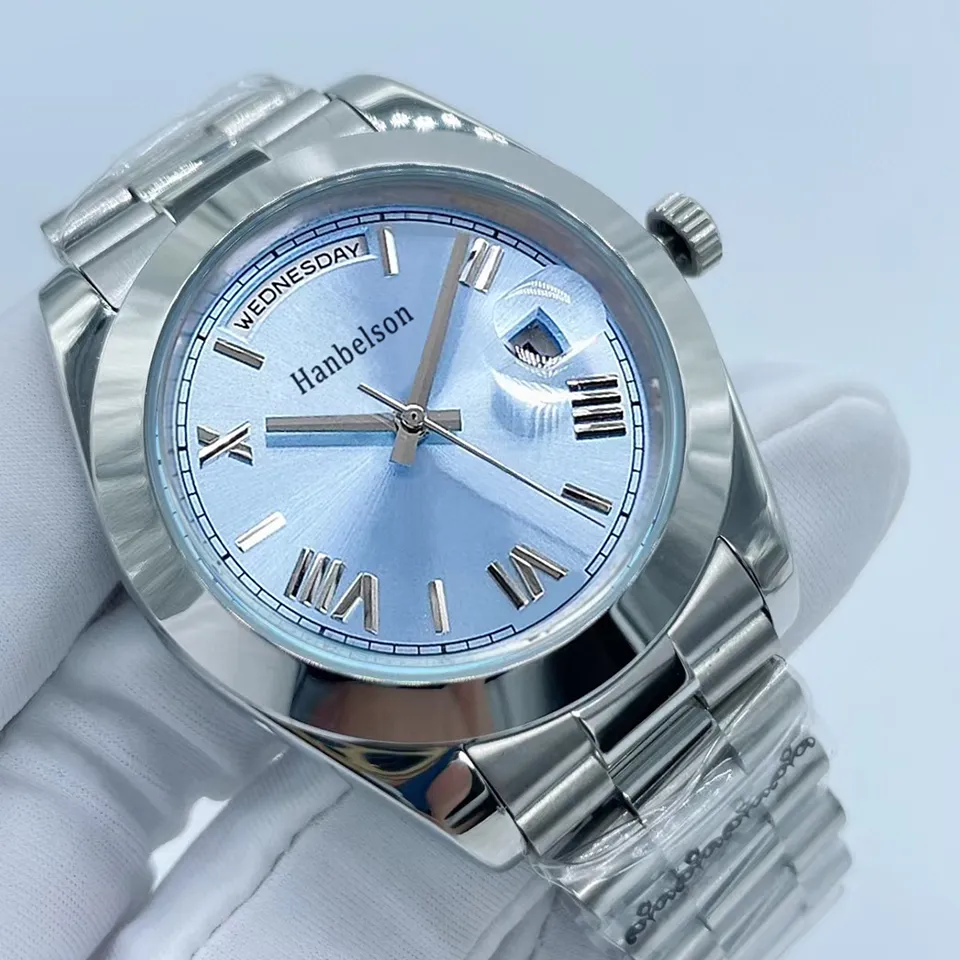 2021 NIEUWE Herenhorloges DAG DATUM Horloges Romeinse ijsblauwe wijzerplaat Automatische mechanica 41 MM Saffierglas Daydate Watches309v