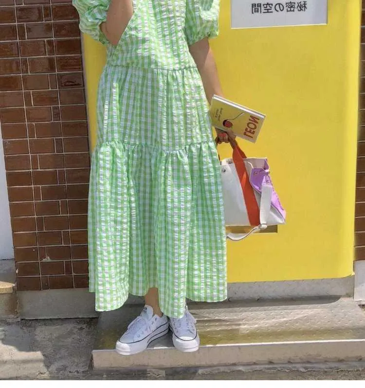 Coréen Chic doux frais col en V bouffée à manches courtes vert robe à carreaux femmes longue poupée lâche filles robe De Mujer vêtements 210610