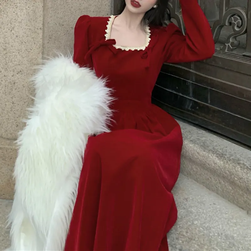 Ezgaga Elegante abito donna primavera stile francese vintage manica lunga colletto quadrato pizzo abito a vita alta in pizzo abiti 210430