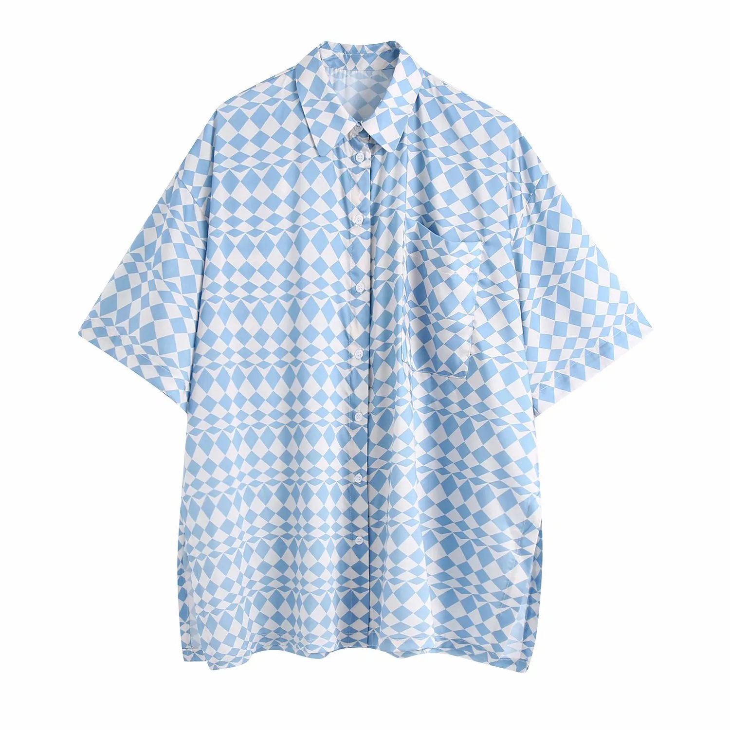 Camicie oversize con stampa geometrica in raso blu bianco Camicie con colletto abbottonato estivo da donna Donna manica corta Streetwear Top 210430