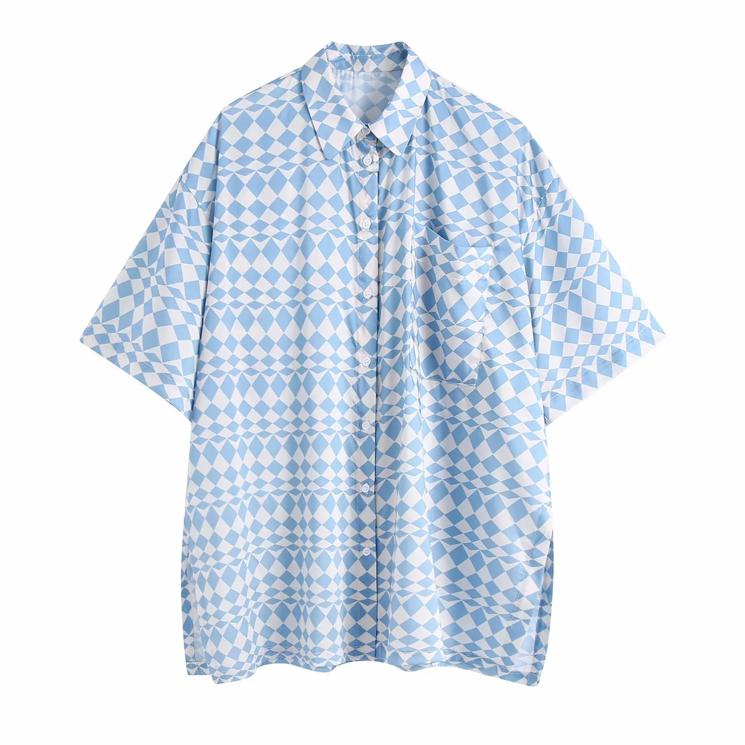 Wit Blauw Satijn Geometrische Print Oversized Shirts Dames Zomer Button Up Kraag Shirt Vrouw Korte Mouw Streetwear Tops 210430