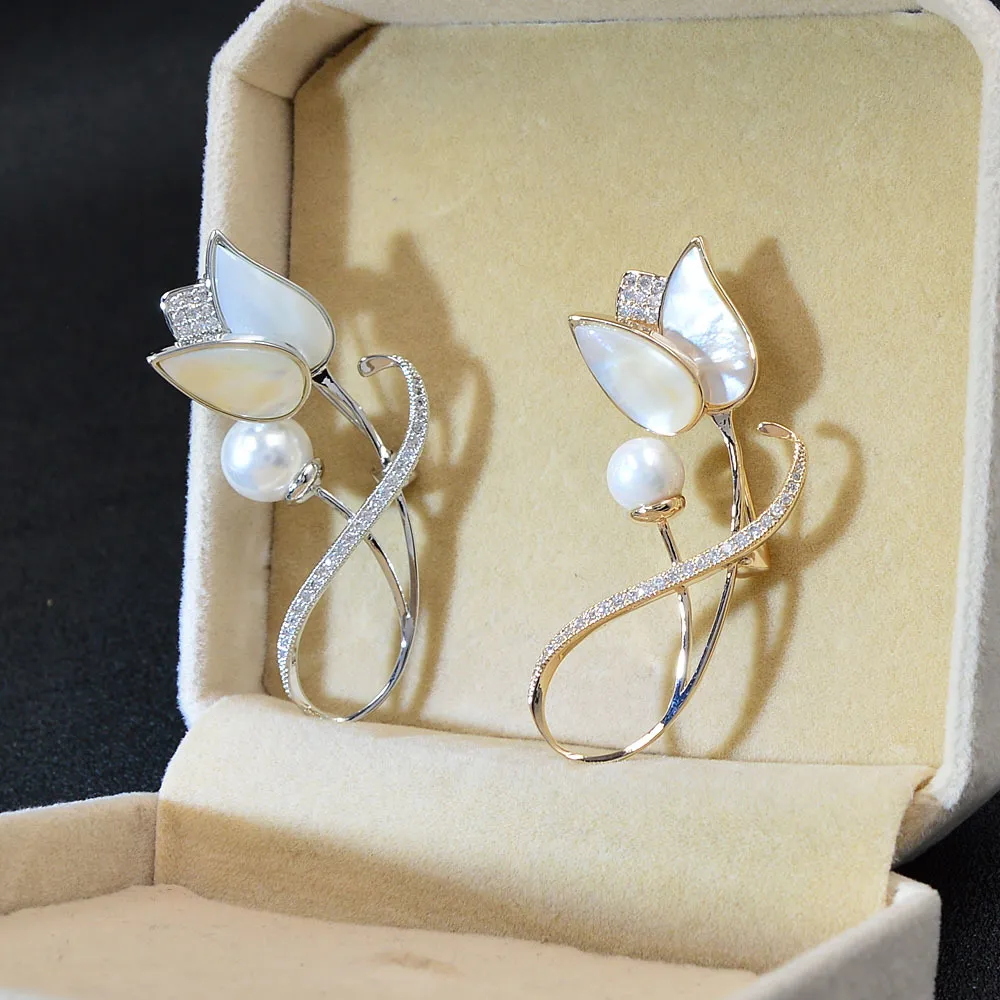 Cindy Xiang Shell Tulip Броши для женщин Мода Cubic Zirconia Fower Pin Brooch Свадебные аксессуары 2 Цвета Доступны подарок