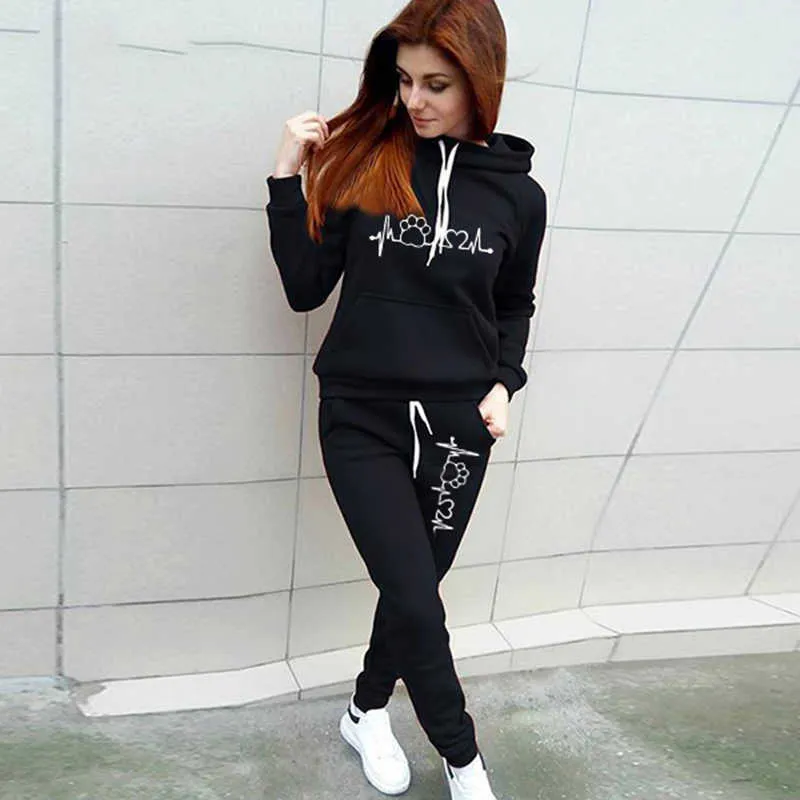 Spring Hoodies Suit Solid Casual Tracksuit Kvinnor Vintage Set Sport Sweatshirts Winter Pullover Home Sweatpants Outfits 210930