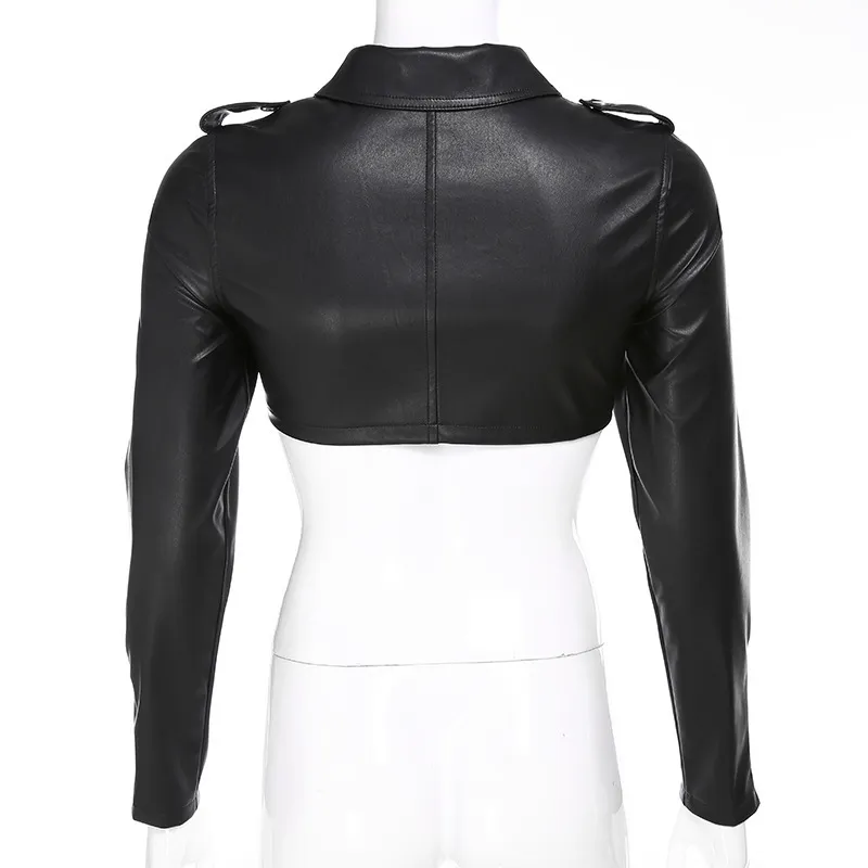 Women Leather Coat Black PU Jacket Short Long Sleeve High Waist Fashion Tops Autumn 210513