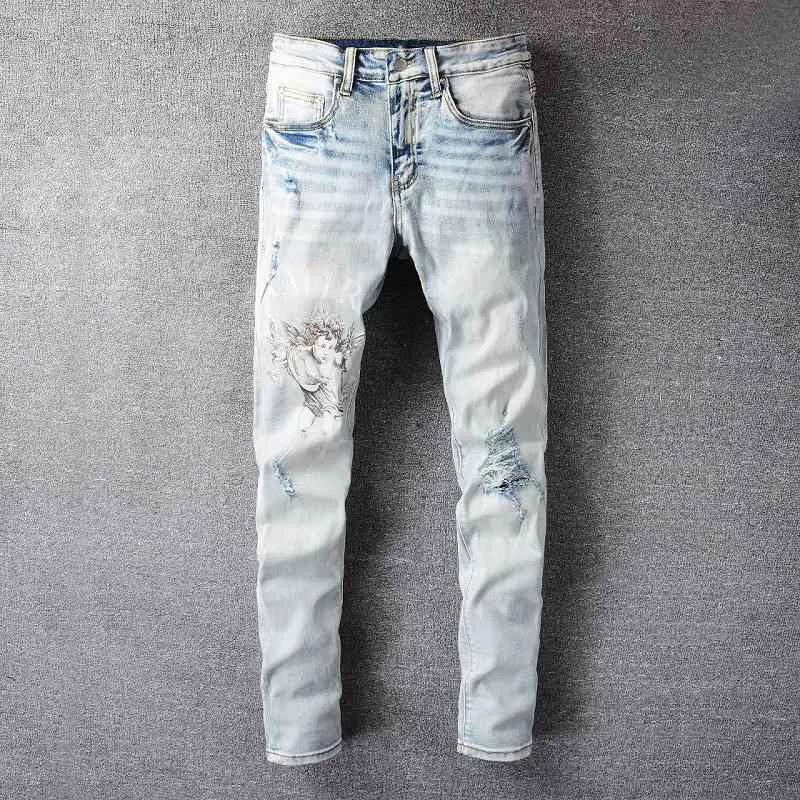 designer Men's Jeans PantsNew US Amirrss casual hip hop high street worn out and worn washed splash ink color painting Slim Fit Jeans Men's DEEG