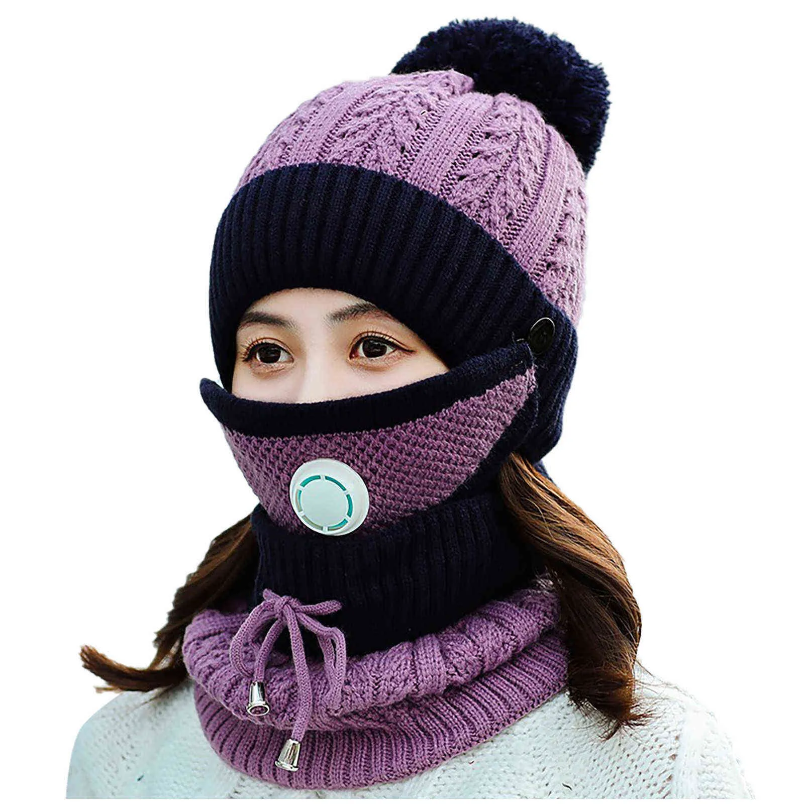 3 pièces/ensemble filles hiver tricot chapeau et écharpe ensemble enfant en peluche chaud Pom Cap écharpes avec masque respirateur grande circulaire