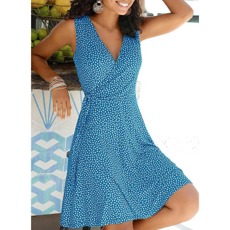 Summer Fashion New Casual Polka Dot Dress Donna Scollo a V senza maniche Fasciatura Beach Dress Abiti bohémien Abiti taglie forti S-5XL Y1006