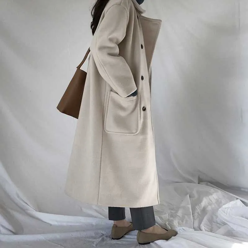 Kadın Yün Ceket Moda Katı Renk Ceket Kadın Sonbahar Ve Kış Gevşek Sıcak Uzun Bayanlar Moda Top 210527