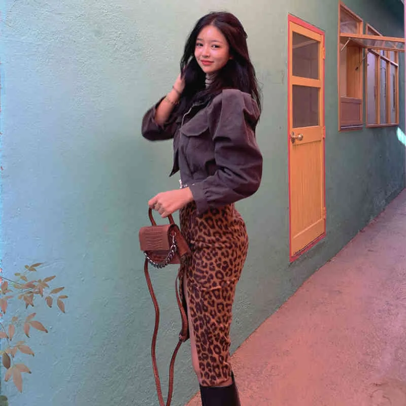 InstaHot Sexy léopard jupe femmes taille haute fente côté Streetwear automne 2020 mode décontracté mince Vintage Animal imprimé jupes X0428