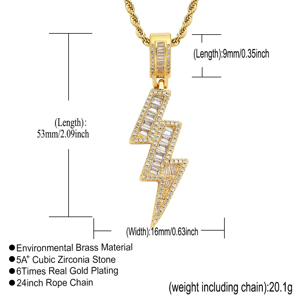 18k goud flitsbliksem ketting sieraden set diamanten zirkonia hanger hip hop kettingen bling sieraden voor vrouwen mannen Stainle227C