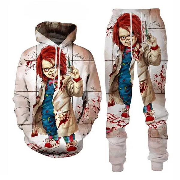 2022 Nieuwe mannen/dames Halloween Terror Blood Child of Chucky Funny 3D Print Fashion Tracksuits Crewneck Hip Hop Sweatshirt en broek Set Hoodies HY05