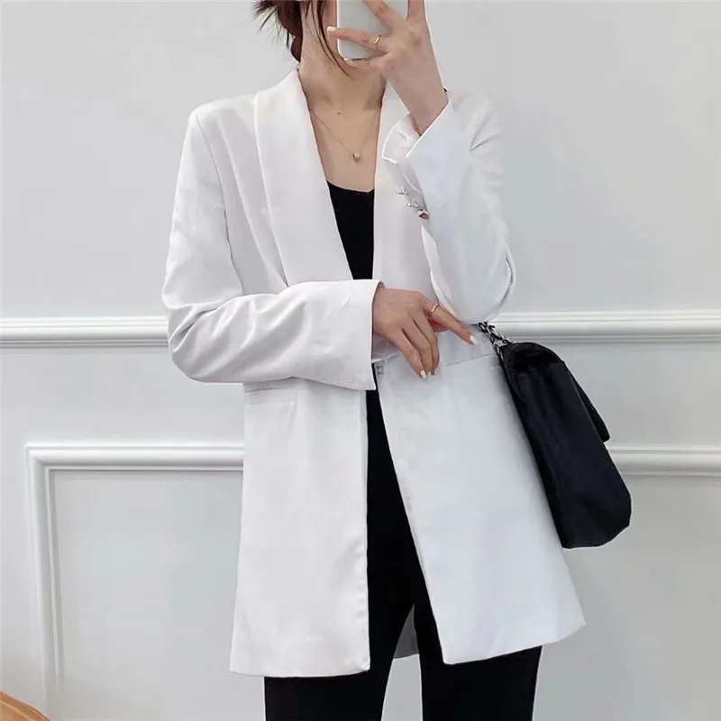 Solide blanc revers mode blazer pour bureau dame poches vêtements décontractés femmes Streetwear vintage fille 210430