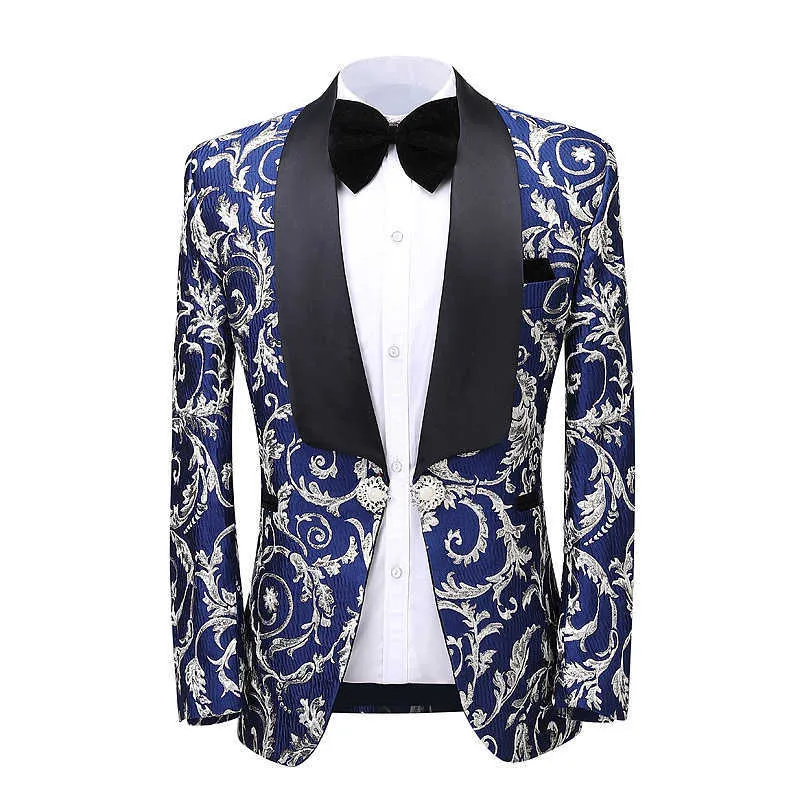 Senaste Coat Pant Designs Män kostym Shawl Lapel Slim Set Suit Floral Jacquard Bröllop Brudgum Sångare Prom Kostym XS-5XL X0909