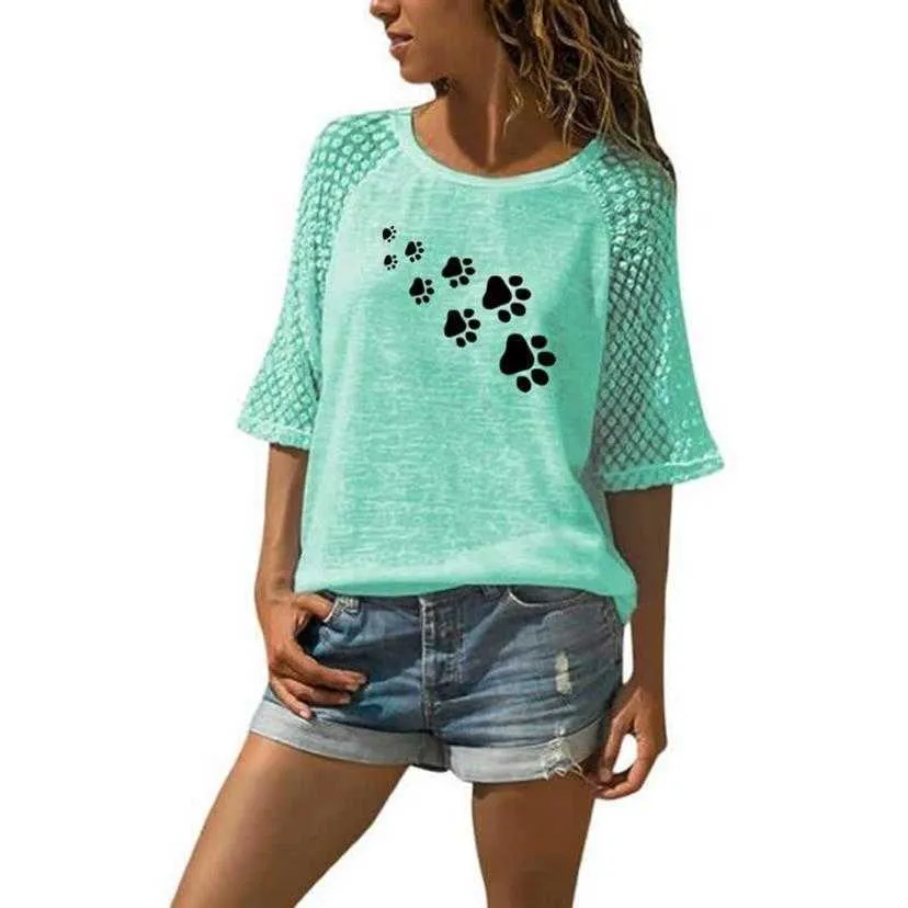 Mode T-Shirt für Frauen Spitze Rundhalsausschnitt Hund Pfote Buchstaben Drucken Tops Sommer Grafik T-Shirts Streetwear 210623
