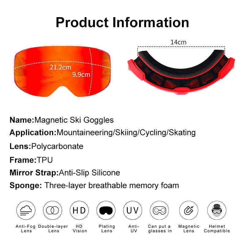 PHMAX Kayak Gözlükleri Manyetik Erkekler Kış Anti-Sis Snowboard Gözlüğü Gözlük Kayak UV400 Koruma Çift Katmanlar Kayak Maskesi Gözlük 220.110