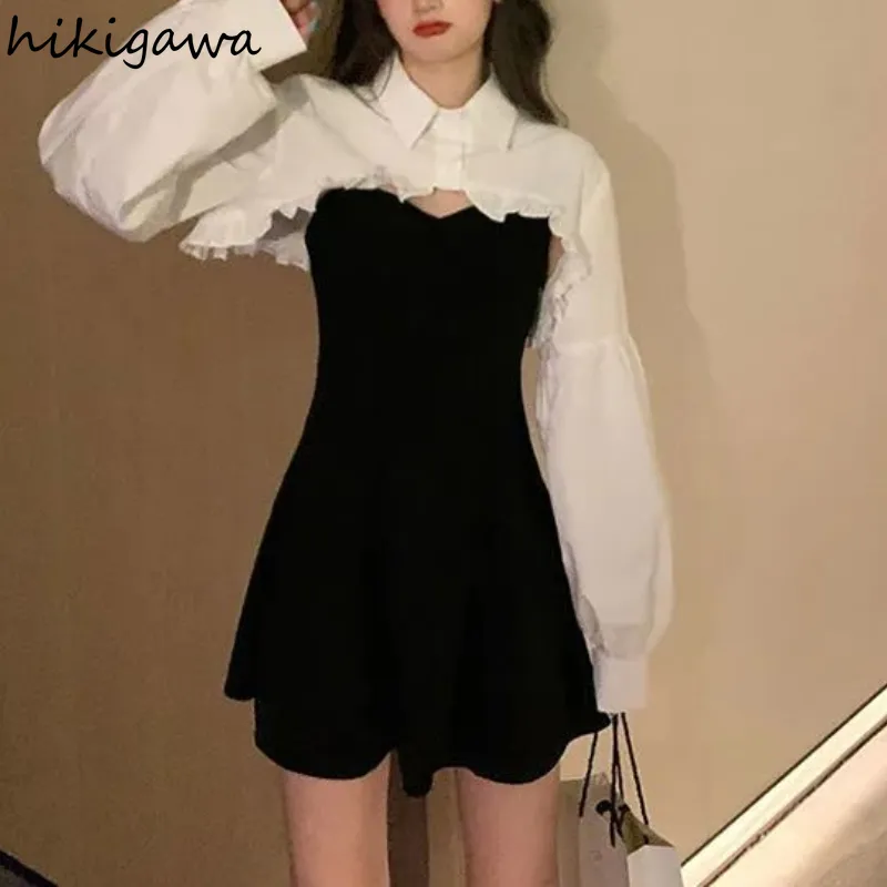 Hikigawa Women Clothing Sets Lantern Sleeve Short Loose Shirts with Black Solid Korean Fashion Women's Dress Two Piece Suit 220221