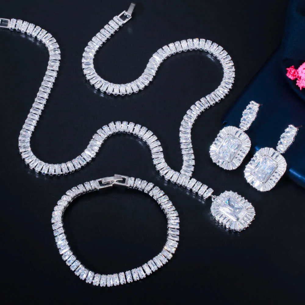Pera clássico noivado festa de casamento quadrado cristal jóias conjunto mulheres colar brincos bracelete jewellry acessórios j413 h1022