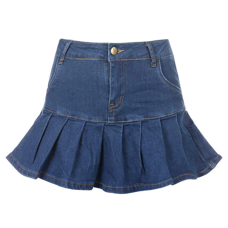 Rapcopter Women Jeans Skirts High Waist Pleated Zipper Mini Summer 90S Streetwear Bottom Y2K Skinny Blue Skirt 210621