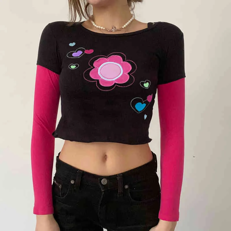 Brown Floral Heart Embroidery Fake Y2k Crop Top T-Shirt Women O-Neck Long Sleeve Casual Black Tee Shirt Streetwear 210510