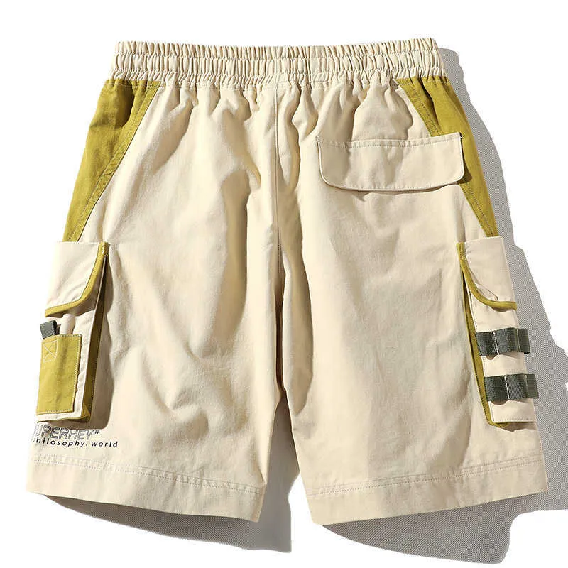 Route unique hommes Cargo Shorts été poches latérales Patchwork Hip Hop japonais Streetwear Harajuku mâle pour 210716
