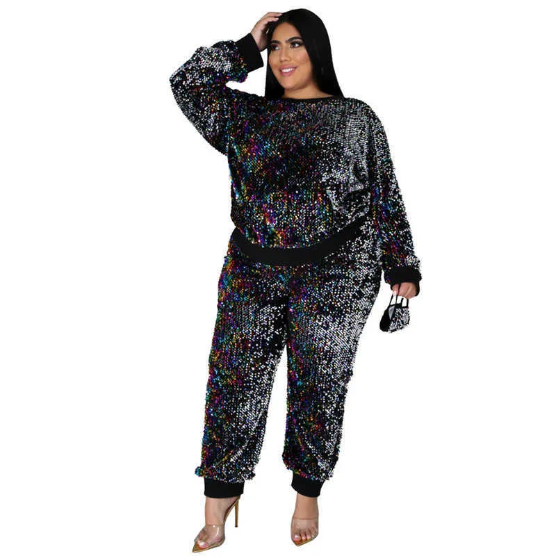 Winter Plus Size S-5XL kleding voor vrouwen twee stuk set pailletten verjaardag outfit joggers trainingspak groothandel druppel 210930