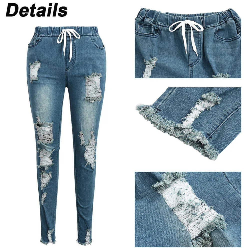 Women Drawstring Denim Long Pants Ripped Broken HolesSlim Fit Jeans Feminino Skinny Pockets Casual Full Length Pencil D30 210629