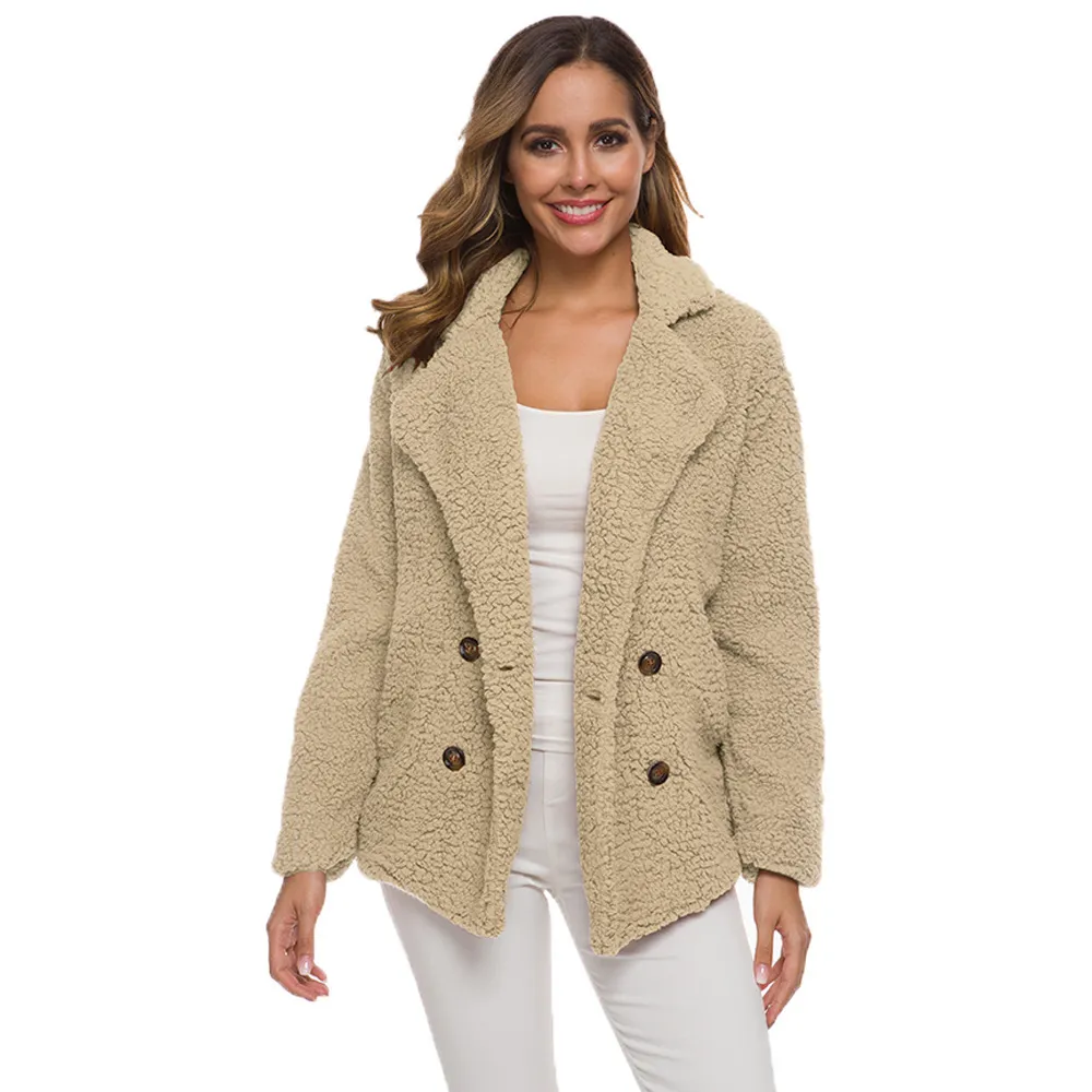 Casual Teddy Coat Donna Autunno Inverno Risvolto Doppiopetto Plus Size Giacca in pelliccia sintetica calda Donna Tasca allentata Peluche Outwear 210507